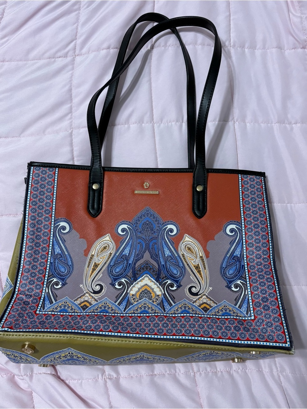 Paisley Print Tote Bag with Black Straps - Spartina 449 - Rust & Blue
